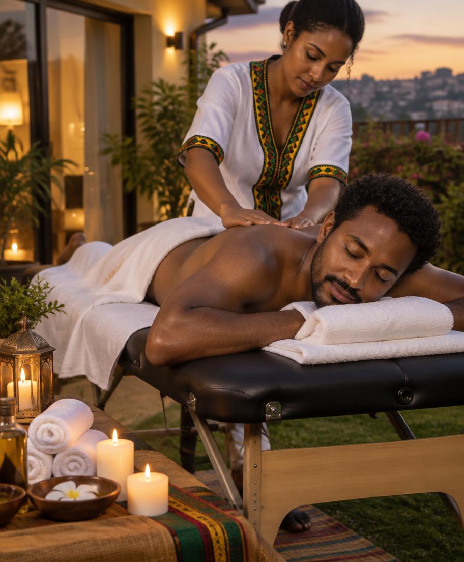 Ethiopian man enjoying an outdoor home massage at sunset